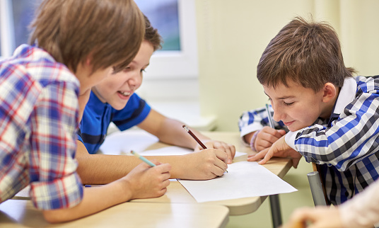 Boy writing with teacher